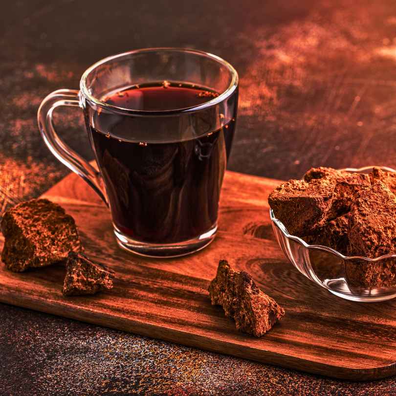 A cup of infused Chaga beside a chaga piece and some grounded chaga