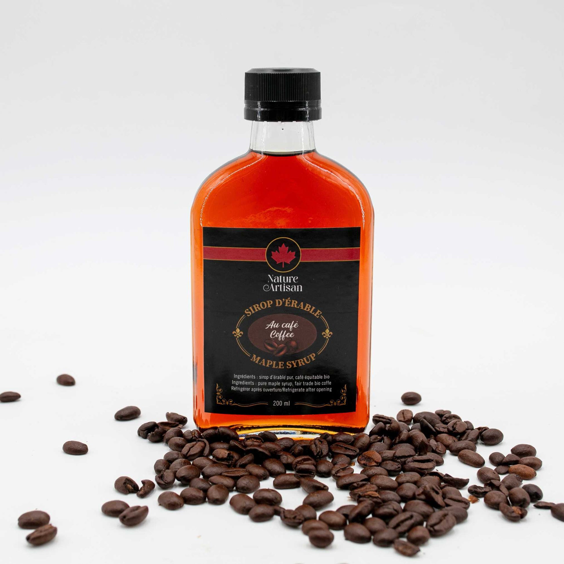 Infused maple syrup coffee Nature Artisan 200 ml with coffee grains.
